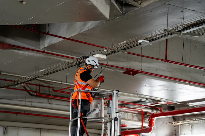 Worker on a lift installing ceiling components in a new commercial space