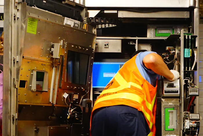 Technician working inside commercial mechanical equipment