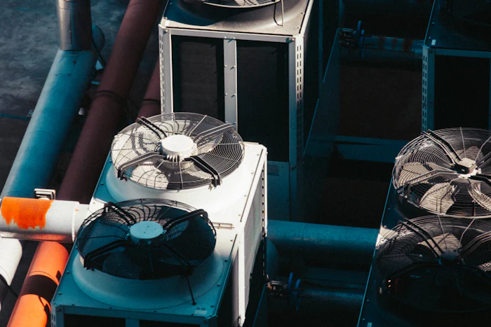 Row of commercial condensing units with large fans